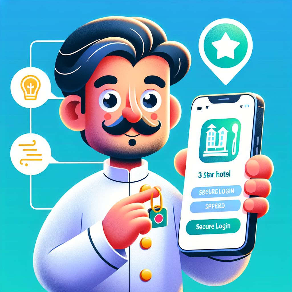 Cartoon character holding a smartphone with 333bed app interface and reward icons