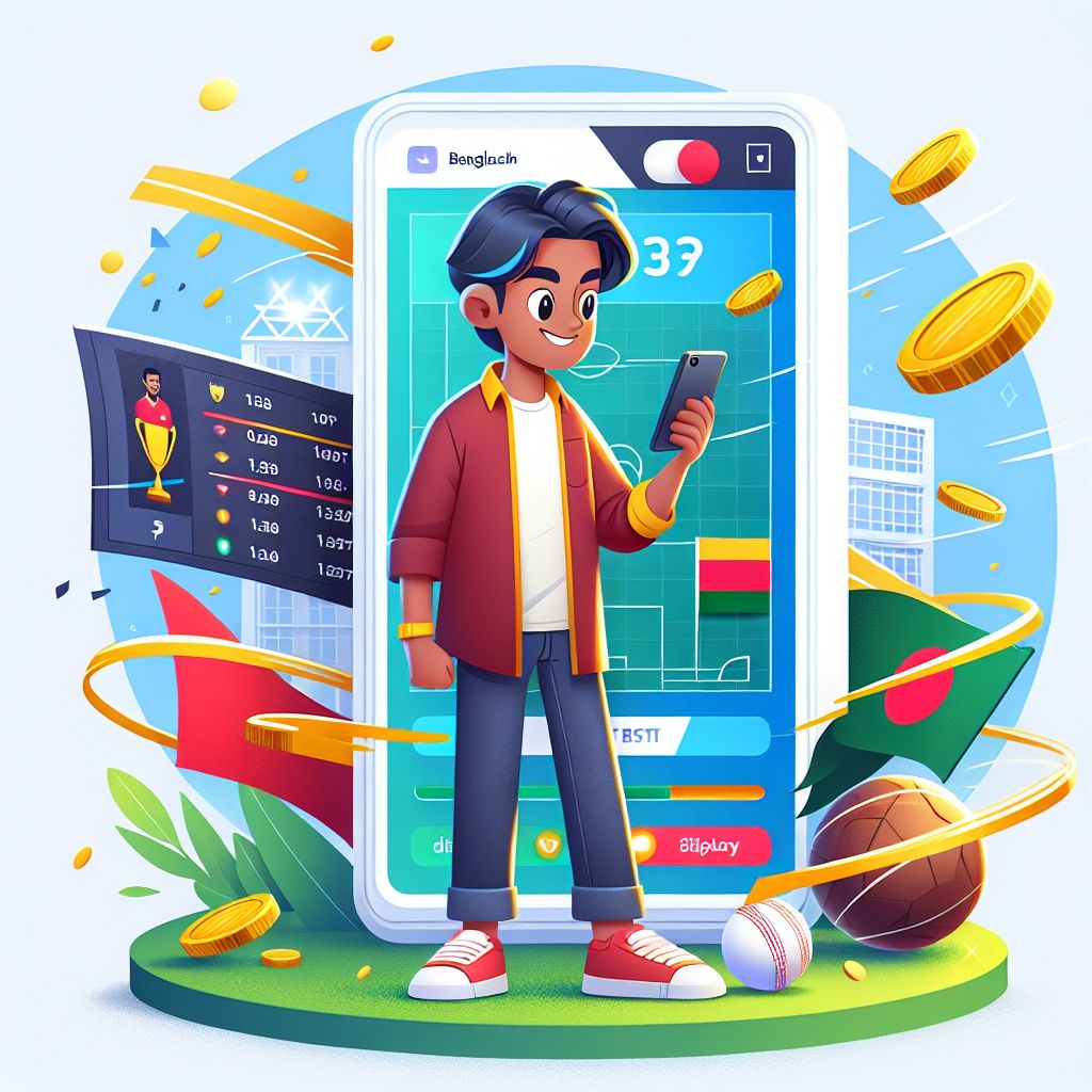Cartoon sports fan checking live odds on a phone with cricket and football icons