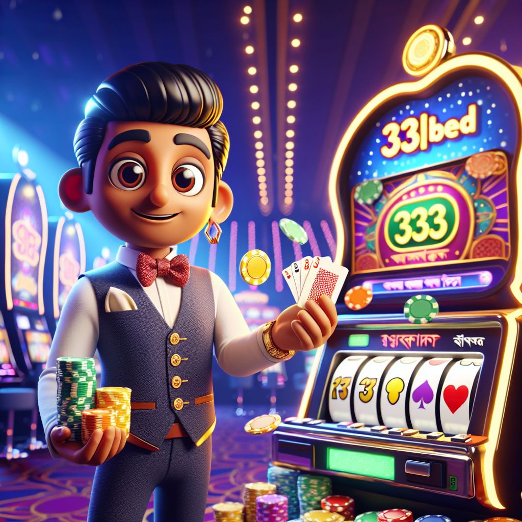 333bed casino cartoon character with chips, cards, and a slot machine