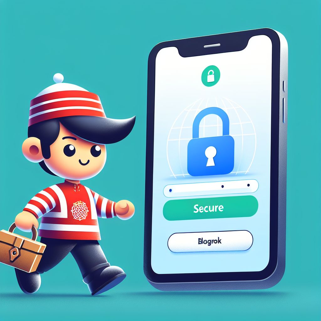 Cartoon character holding a phone with a secure login screen and 333bed theme