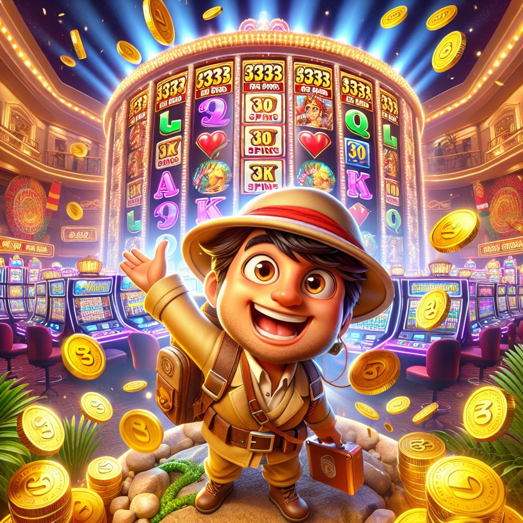 Cartoon slot adventurer with reels, coins, and bonus symbols themed for 333bed Slots